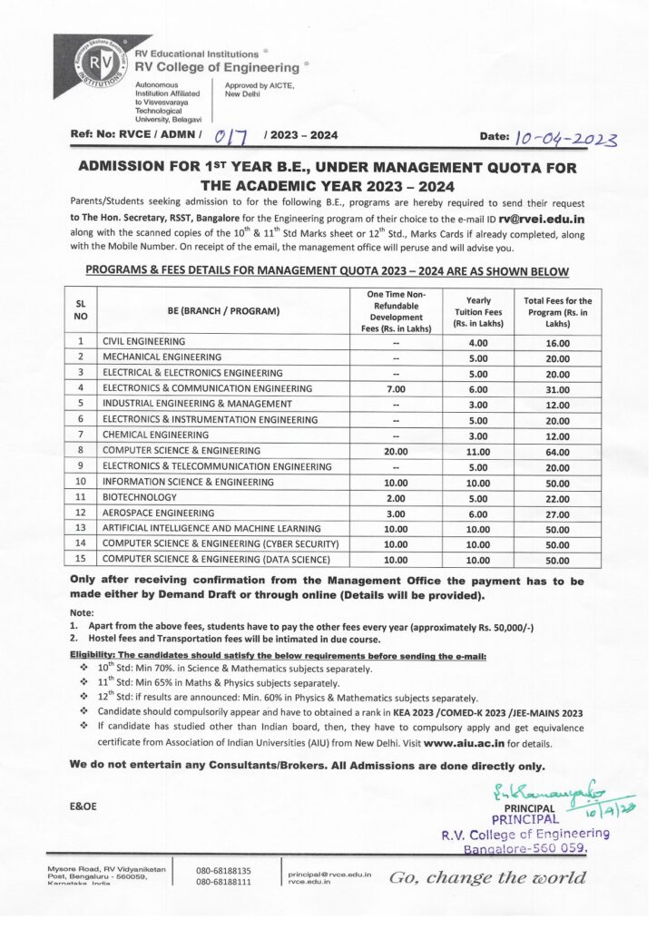 ADMISSION IN BE UNDER MANAGEMENT QUOTA FEES RVCE