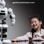 a girl smiling at a robot