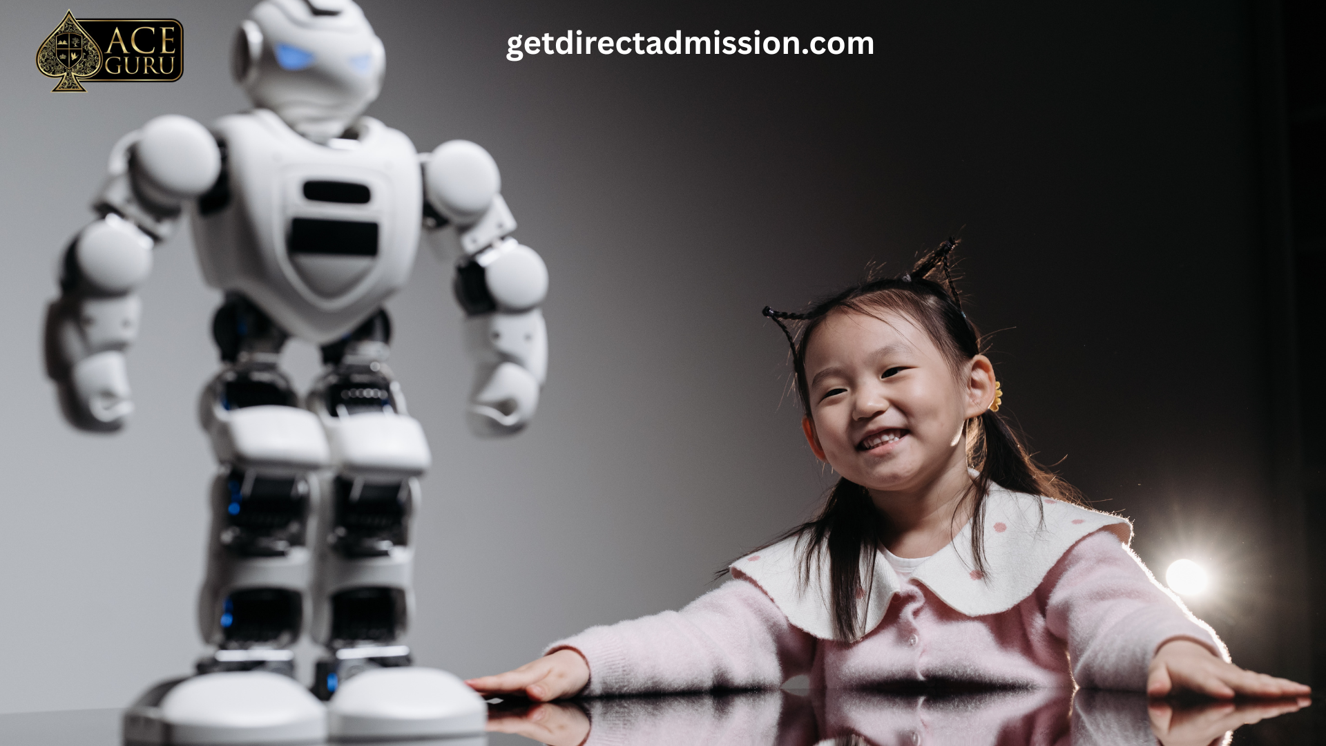 a girl smiling at a robot