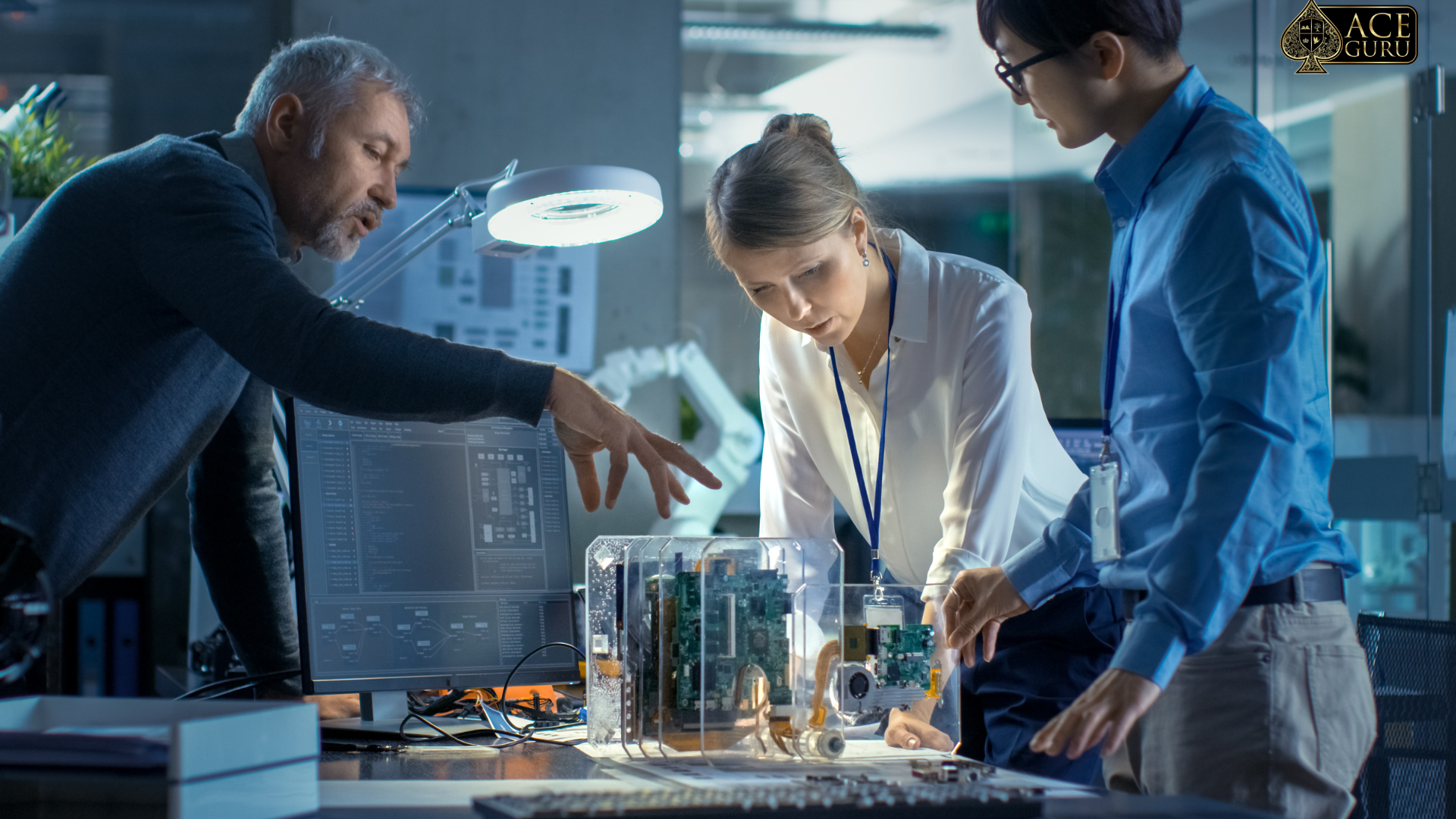 a group of people looking at a piece of electronic equipment