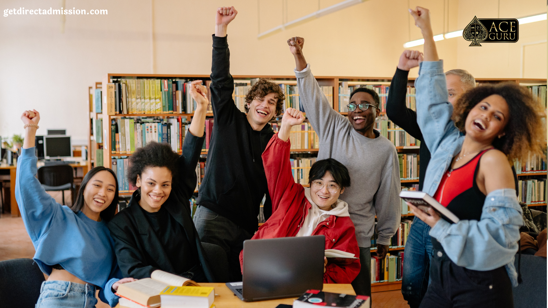 a group of people in a library