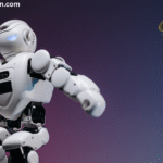 a white robot with a butterfly in the background