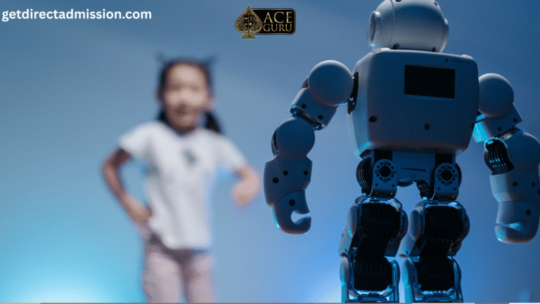a robot with a girl in the background