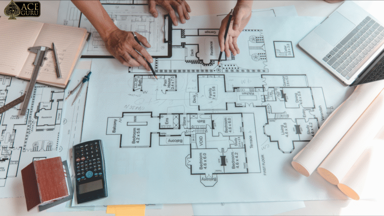 a hands holding a pen and drawing on a blueprint