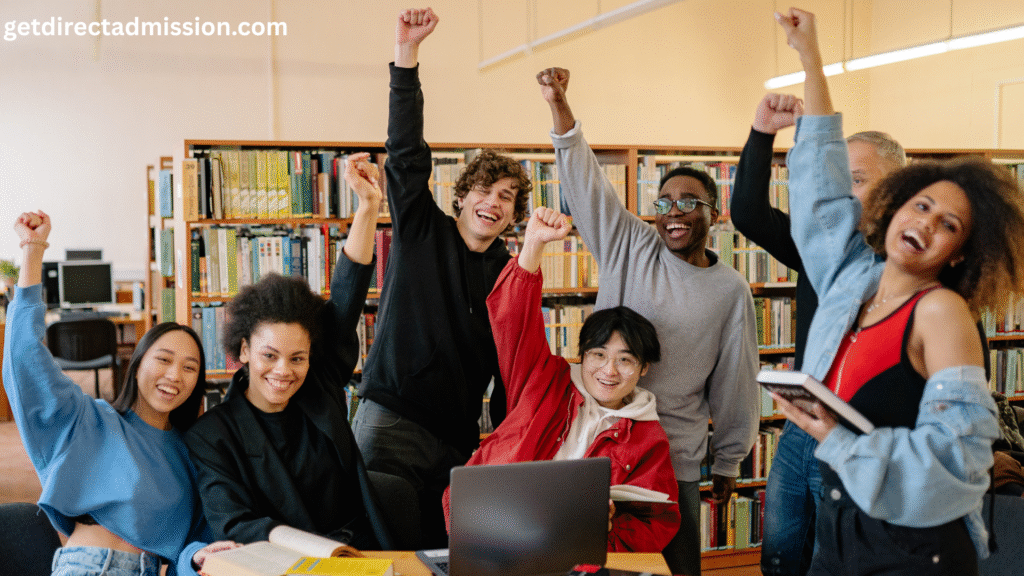 a group of people in a library