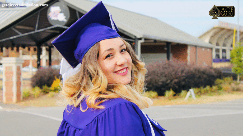 a woman in a graduation cap and gown