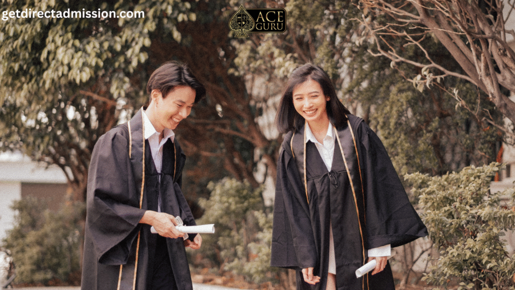 a man and woman in graduation gowns