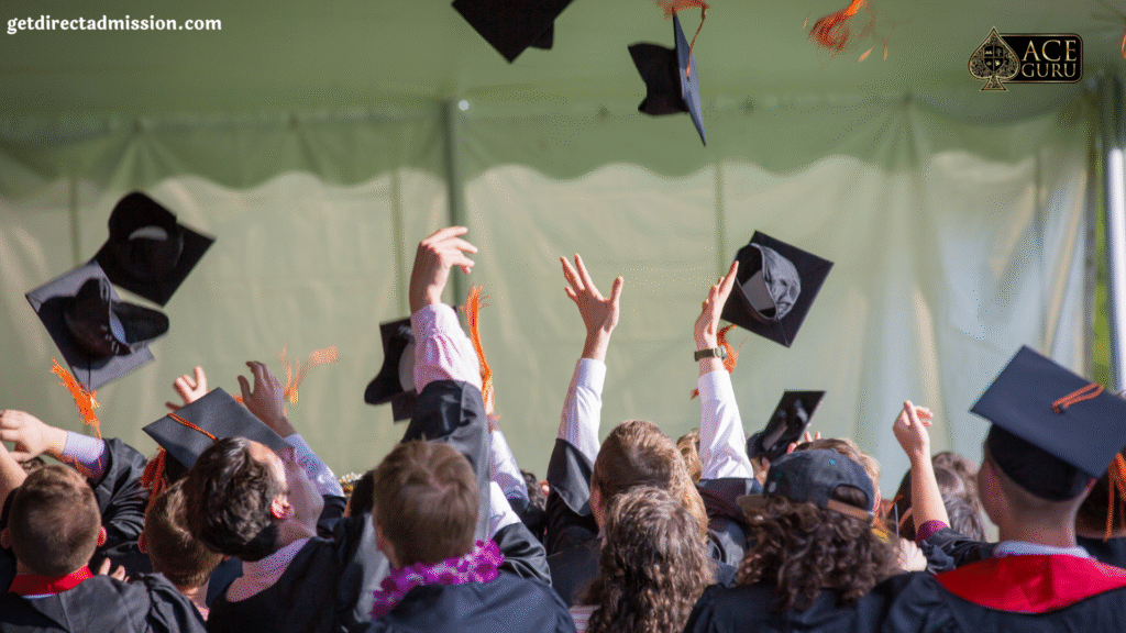 a group of people throwing graduation caps in the air