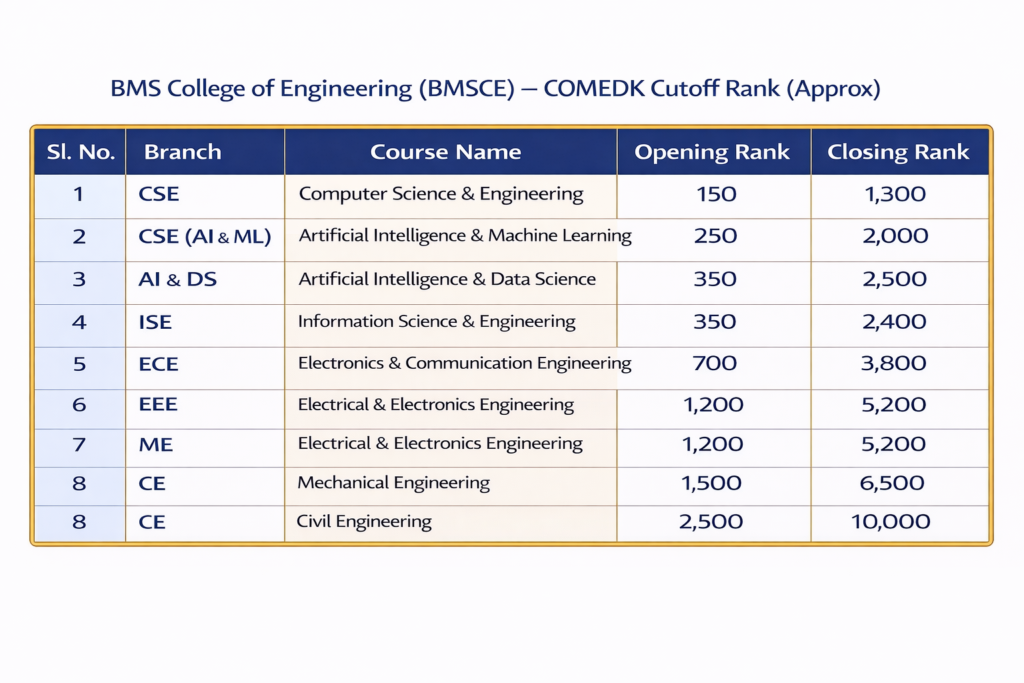 Direct Admission in BMS College of Engineering: BMS College of Engineering (BMSCE) Cut-off rank 2025